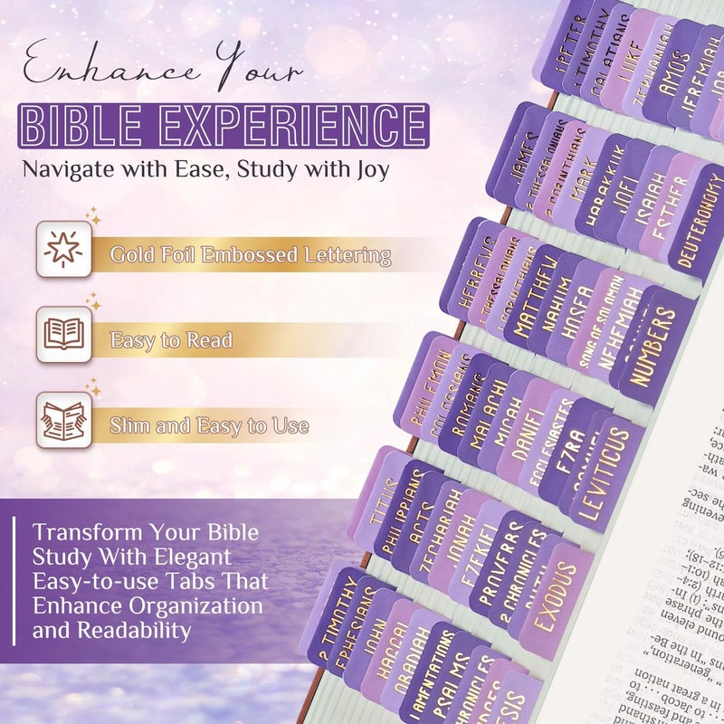 Uzriyl Laminated Bible Tabs, Bible Study Supplies, Large Print Bible Book Tabs for Women and Men, (Gold Foil Embossed Lettering) Bible Labels Index Tabs, Bible Accessories for Easy Navigation(Gentle Purple) - Image 2